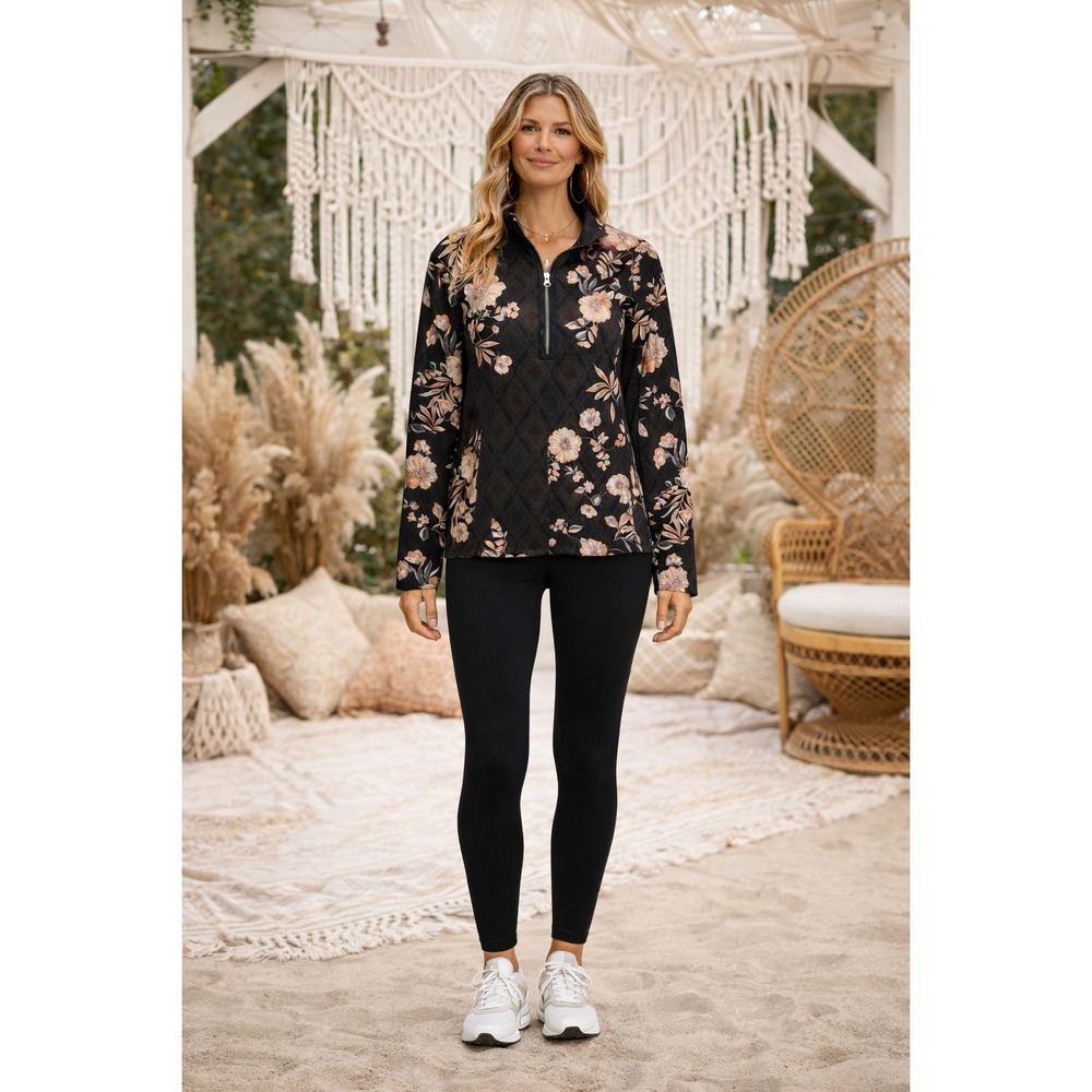 Johnny Was Active Nido Boho Cottage Athleisure Half Zip Floral Pullover Top XL